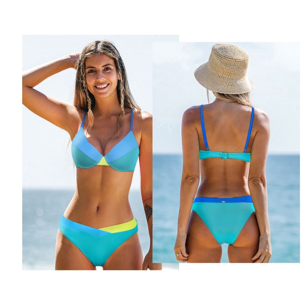KAMONI Color Block Bikini Bottom – Medium, Low-Rise, Ring Detail, Blue/Green/Yel